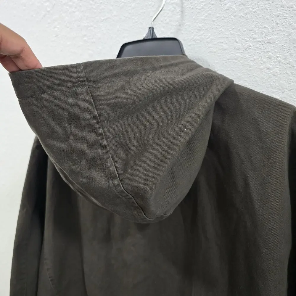 Whattry Men’s Utility Jacket XL Brown Hooded Military Field Coat Cargo Casual